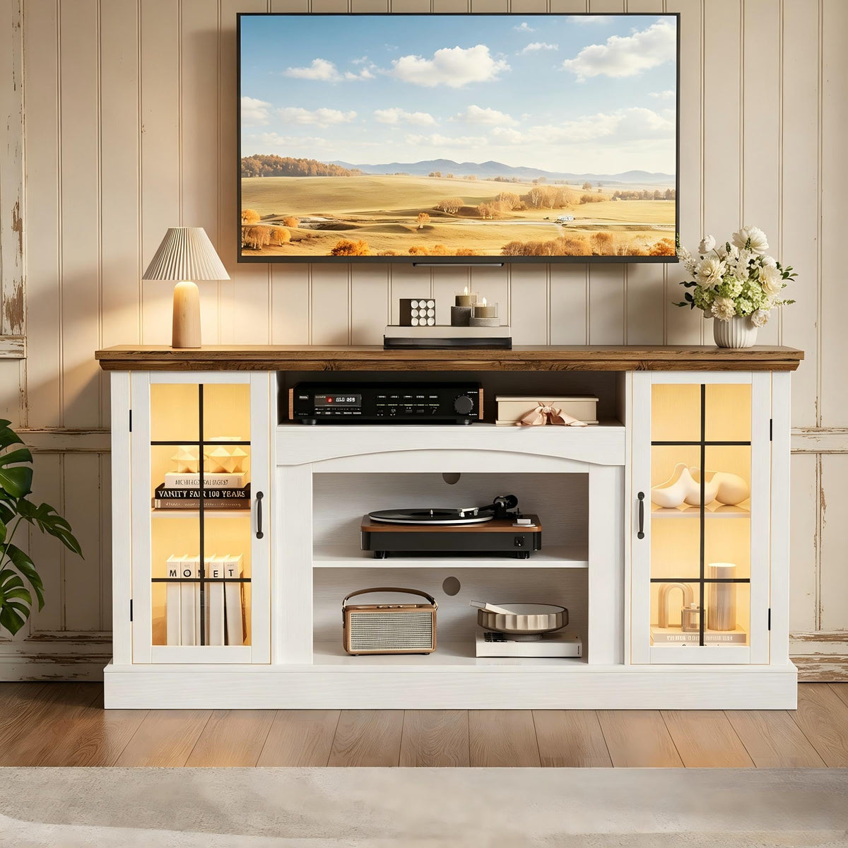 58" Farmhouse TV Stand for 65 Inch TV, LED Entertainment Center with Glass Door Storage Cabinet & Adjustable Shelves, Media Console Table for Living Room, White