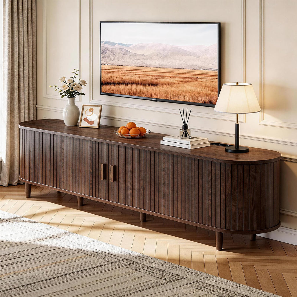 65" Mid Century Modern TV Stand with Power Outlet, Fluted Entertainment Center with Storage and Adjustable Shelves, Wood TV Console with Sliding Doors for Living Room, Walnut