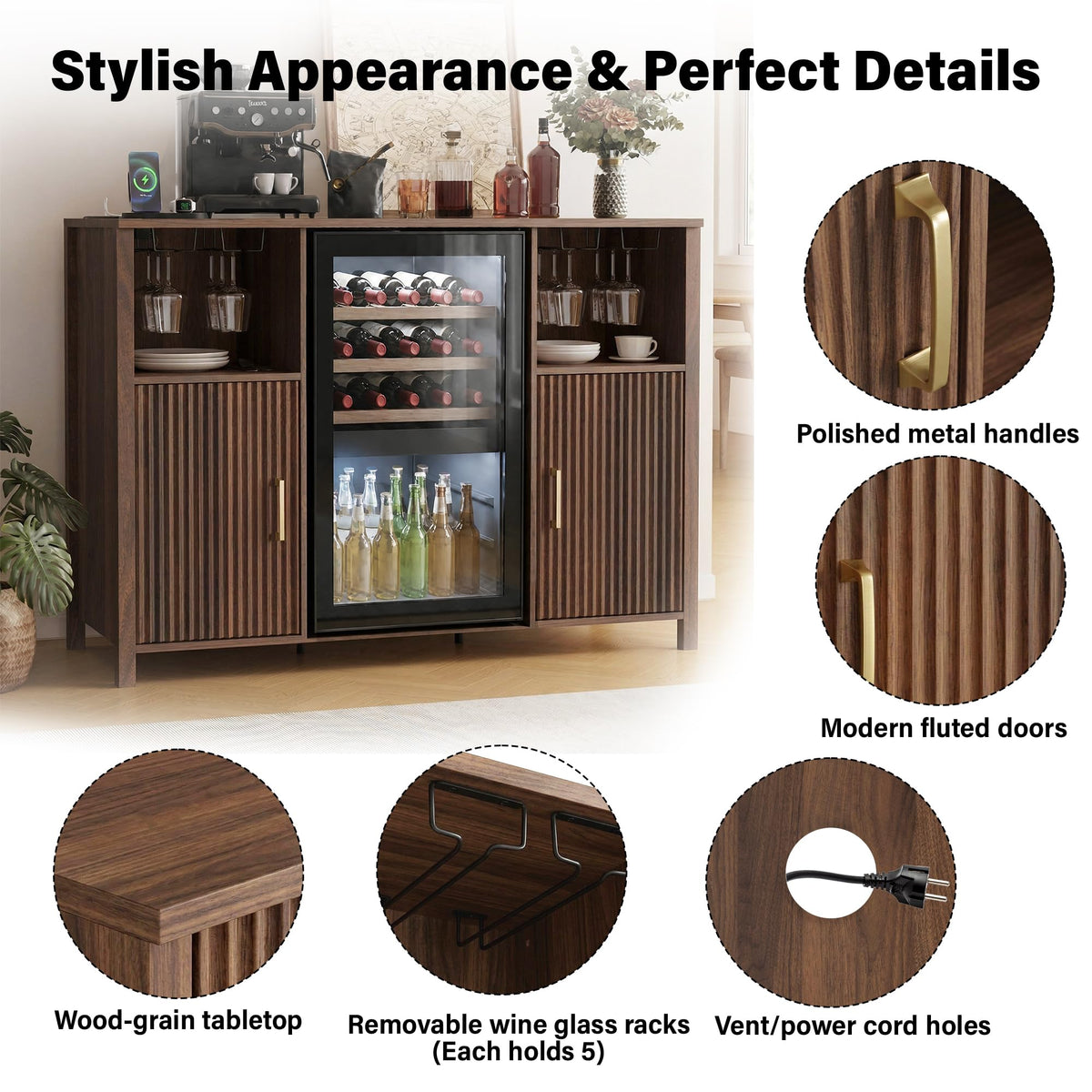 70" Large Coffee Bar Cabinet with Power Outlet, Mini Fridge Cabinet with Adjustable Shelf Wine Rack Glass Holder Liquor Wine Storage, Walnut Fluted Buffet Sideboard Table for Kitchen Dining Room