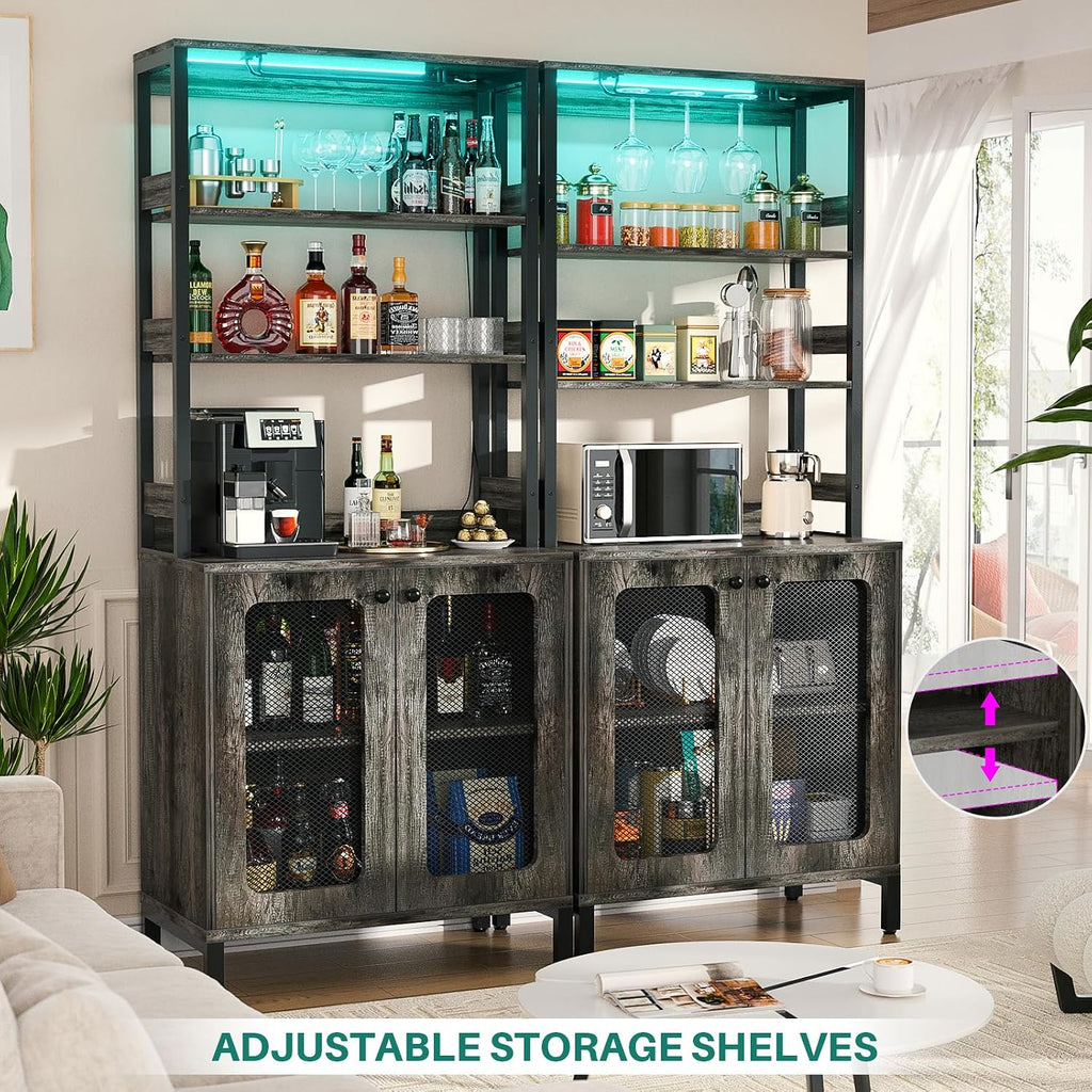 Aheaplus Bar Cabinet with Power Outlets,67" Tall Wine Bar Cabinet,Black Oak