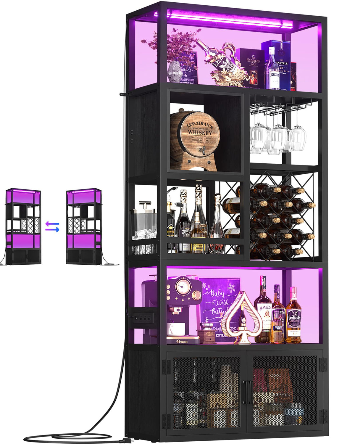 Armocity 82.6" Tall Bar Cabinet with Power Outlets & LED Lights, Liquor Cabinet Bar for Home, Reversible Coffee Station Wine Cabinet with Glass Holder & Wine Rack for Small Space, Rustic Brown