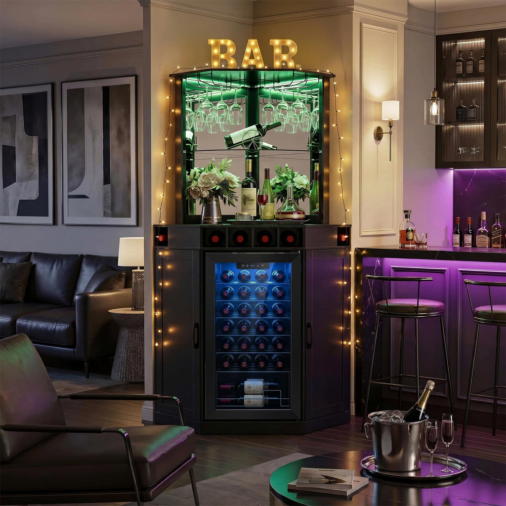 GDLF Corner Coffee Bar with Fridge Space, L Shaped Liquor Cabinet,Black