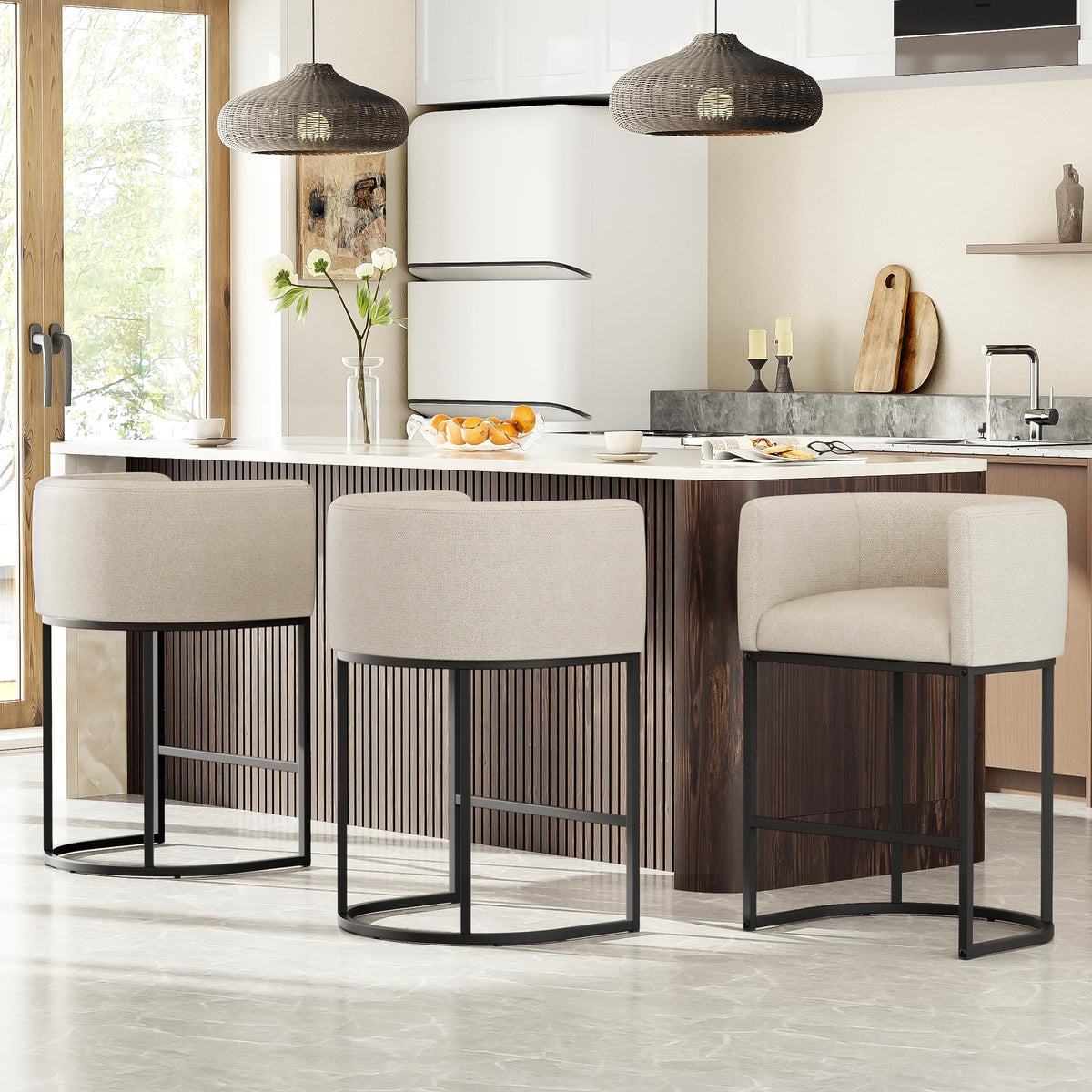 26" H Counter Height Bar Stools Set of 2, Modern Barrel Counter Stools with Backrest and Arms, Linen Fabric Upholstered Accent Barstools for Kitchen Island,Support 450 LBS (Beige)