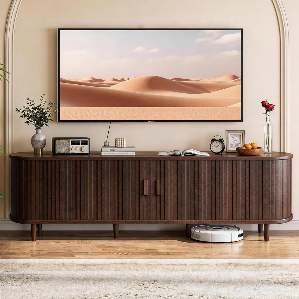 65" Mid Century Modern TV Stand with Power Outlet, Fluted Entertainment Center with Storage and Adjustable Shelves, Wood TV Console with Sliding Doors for Living Room, Walnut
