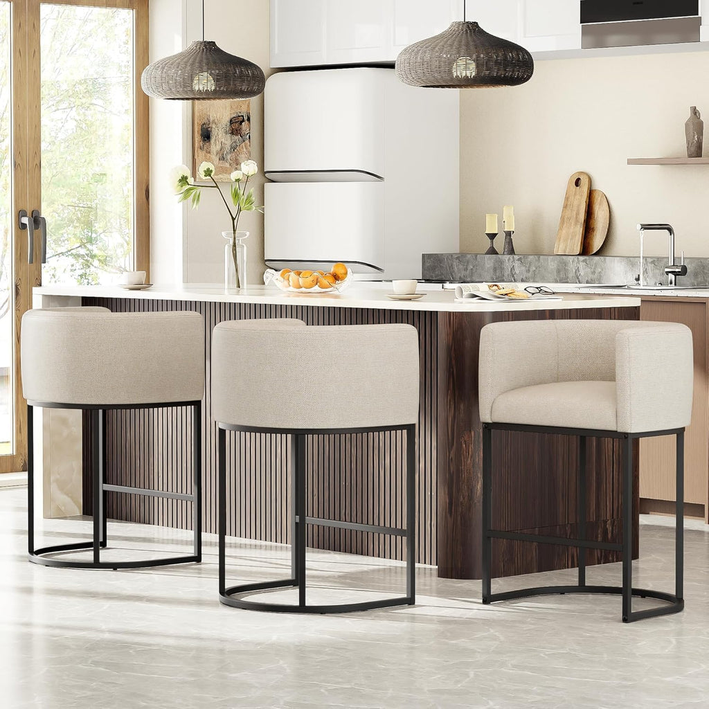 26" H Counter Height Bar Stools Set of 2, Modern Barrel Counter Stools with Backrest and Arms, Linen Fabric Upholstered Accent Barstools for Kitchen Island,Support 450 LBS (Beige)
