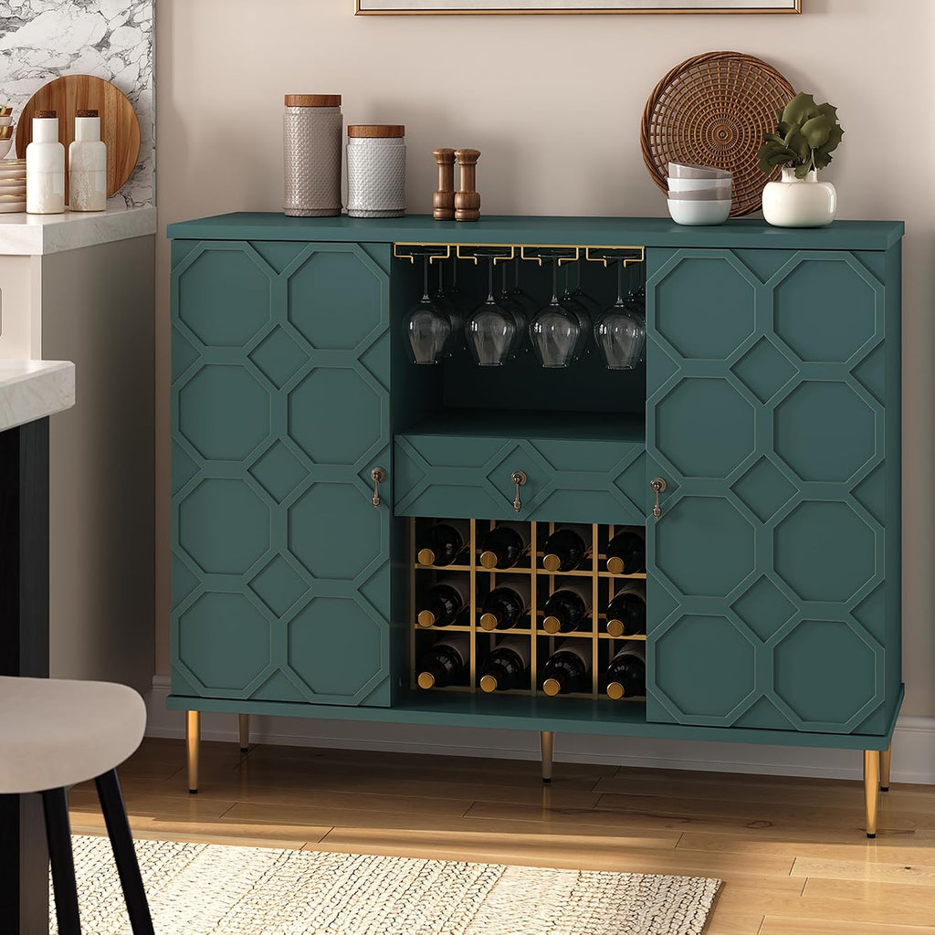48" Modern Bar Cabinet, Wine Cabinet with Wine Glass Racks and Shelves & Drawer, Geometric Door Buffet Sideboard for Coffee Bar, Liquor, Dining Room, Living Room, Kitchen, Green