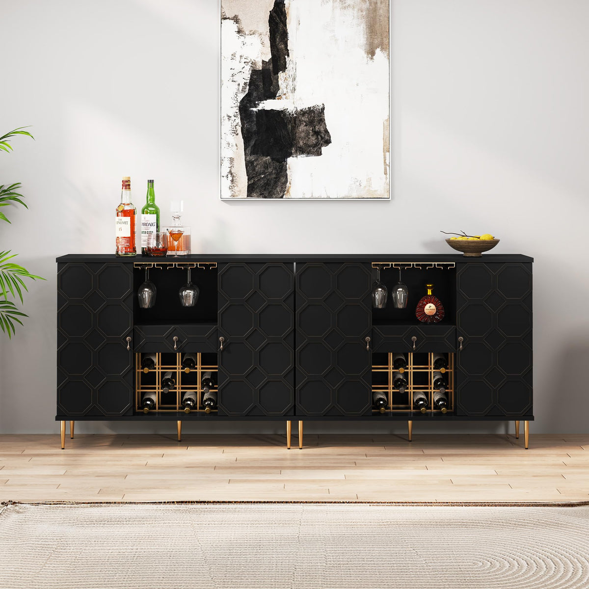 48" Modern Bar Cabinet, Wine Cabinet with Wine Glass Racks and Shelves & Drawer, Geometric Door Buffet Sideboard for Coffee Bar, Liquor, Dining Room, Living Room, Kitchen, Green