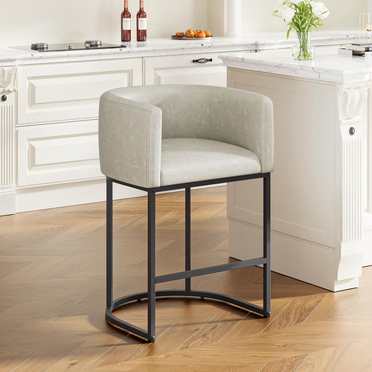 26" H Counter Height Bar Stools Set of 2, Modern Barrel Counter Stools with Backrest and Arms, Linen Fabric Upholstered Accent Barstools for Kitchen Island,Support 450 LBS (Beige)