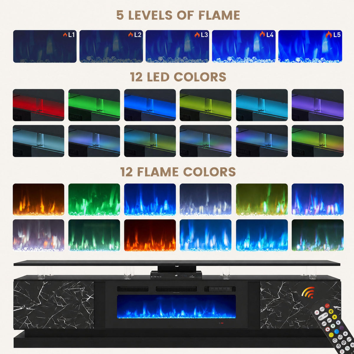 70" Fireplace TV Stand, Modern Entertainment Center