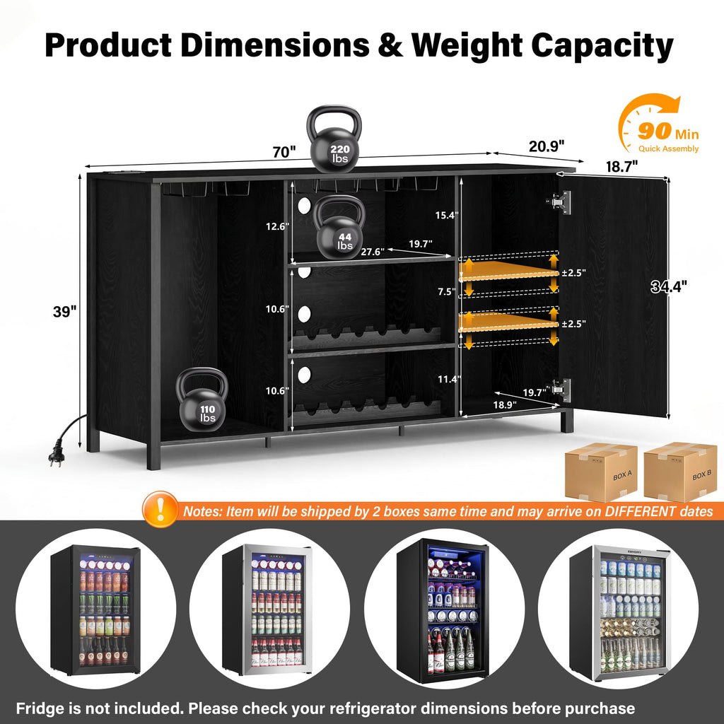 70" Large Coffee Bar Cabinet with Power Outlet, Mini Fridge Cabinet with Adjustable Shelf Wine Rack Glass Holder Liquor Wine Storage, Walnut Fluted Buffet Sideboard Table for Kitchen Dining Room