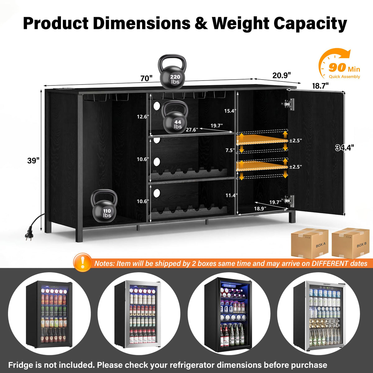 70" Large Coffee Bar Cabinet with Power Outlet, Mini Fridge Cabinet with Adjustable Shelf Wine Rack Glass Holder Liquor Wine Storage, Walnut Fluted Buffet Sideboard Table for Kitchen Dining Room