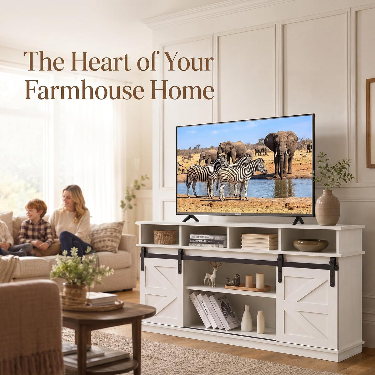 58" Farmhouse TV Stand with Sliding Barn Doors for TVs up to 65 Inch, Entertainment Center with Adjustable Shelves, Wood Media Console Storage Cabinet for Living Room Bedroom, White