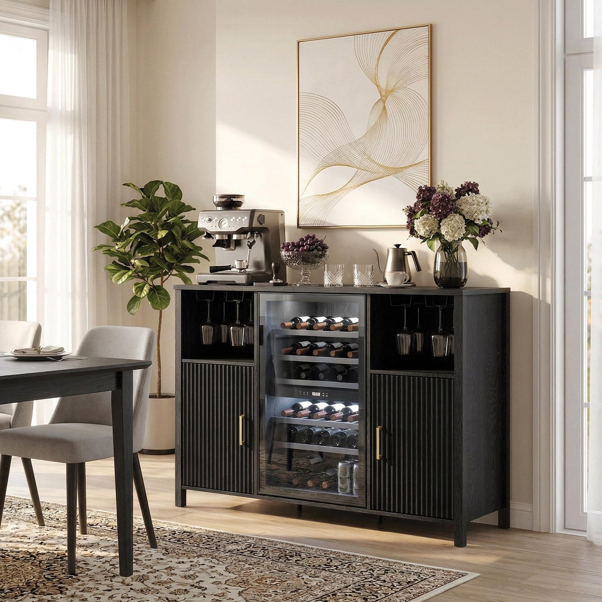 70" Large Coffee Bar Cabinet with Power Outlet, Mini Fridge Cabinet with Adjustable Shelf Wine Rack Glass Holder Liquor Wine Storage, Walnut Fluted Buffet Sideboard Table for Kitchen Dining Room