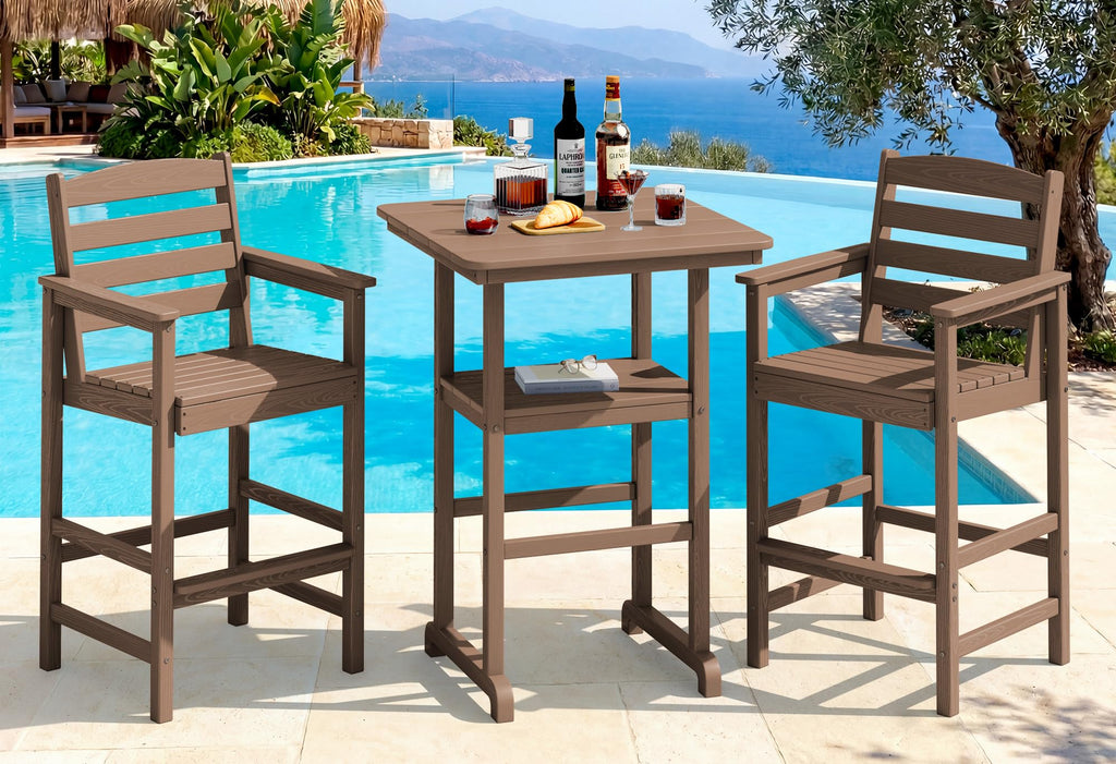 SERWALL 3 Pcs HDPE Bar Height Chairs and Double Layer Pub Table Set, Blue