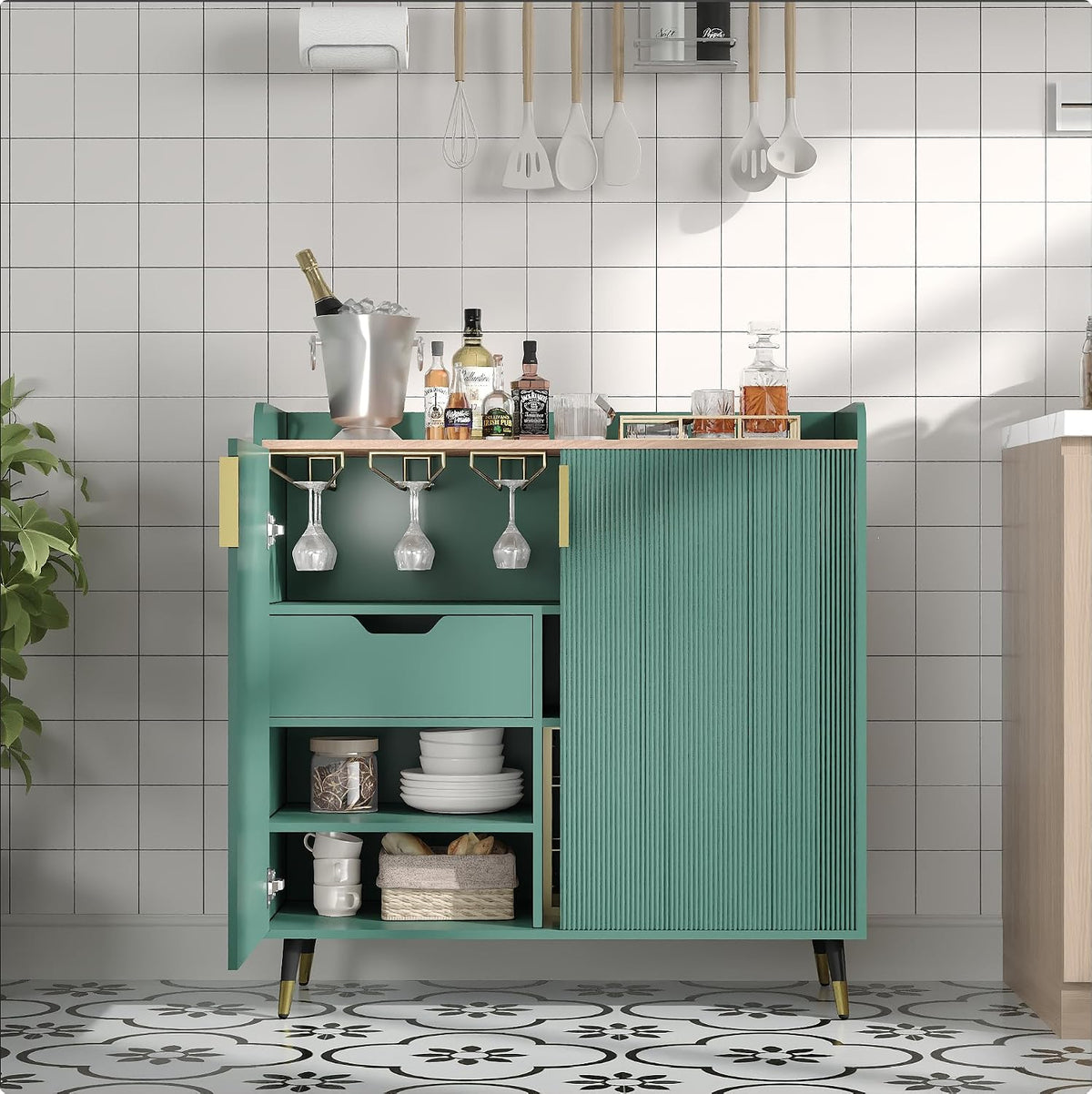 32" Fluted Bar Cabinet with Wine Rack, Green Liquor Wine Cabinet, Green