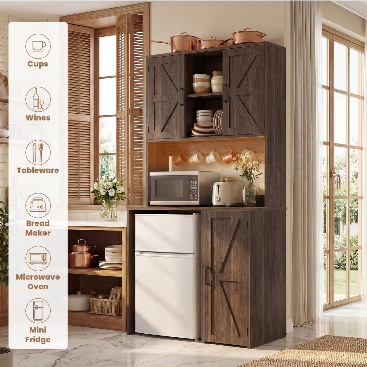 Unikito Mini Fridge Cabinet with Storage, Outlet and LED Light, White