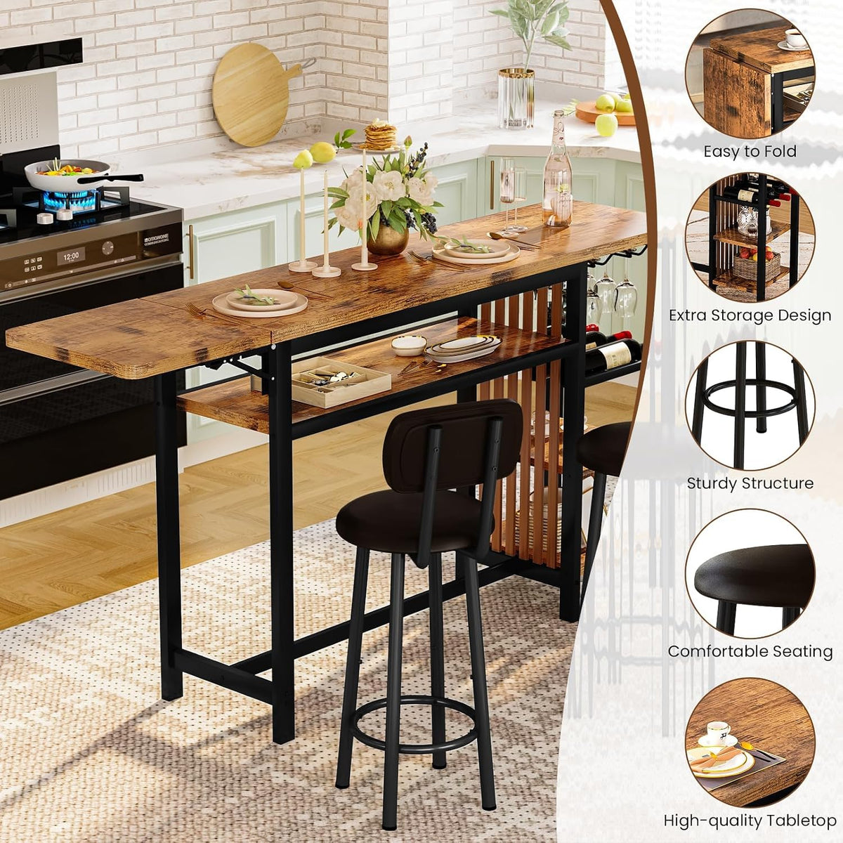 Bar Table and Chairs Set, 59'' Counter Height Dining Table Set with Storage