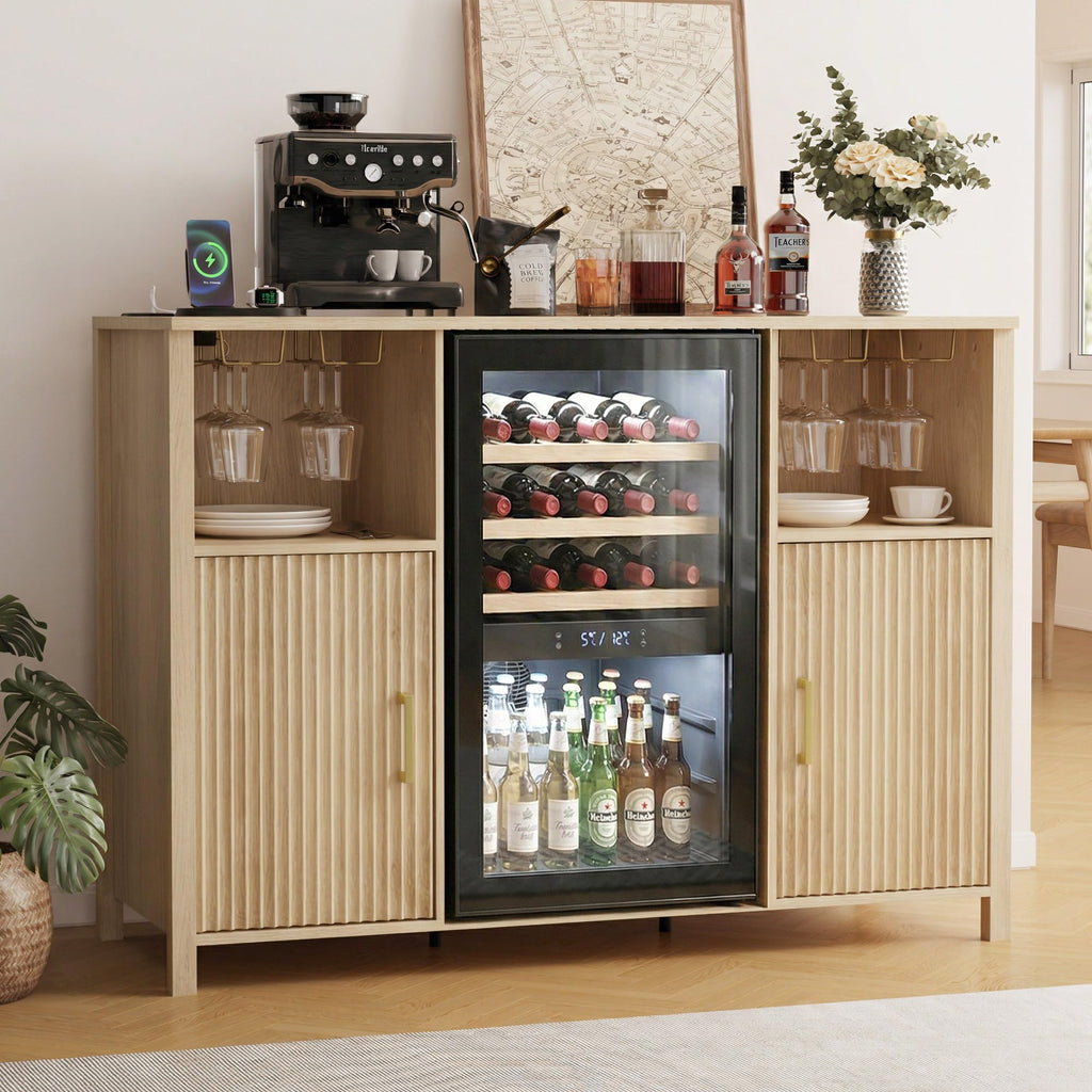 70" Large Coffee Bar Cabinet with Power Outlet, Mini Fridge Cabinet with Adjustable Shelf Wine Rack Glass Holder Liquor Wine Storage, Walnut Fluted Buffet Sideboard Table for Kitchen Dining Room
