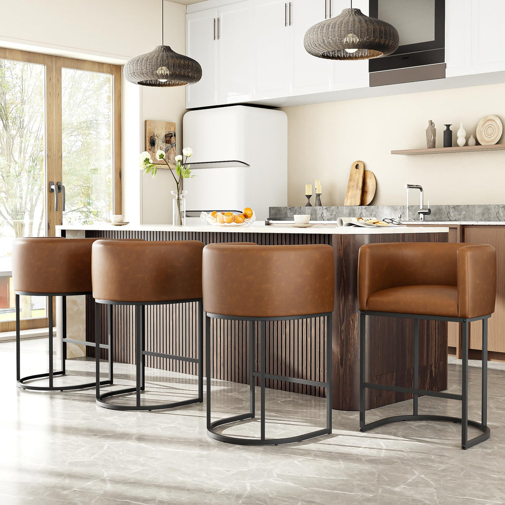 26" H Counter Height Bar Stools Set of 2, Modern Barrel Counter Stools with Backrest and Arms, Linen Fabric Upholstered Accent Barstools for Kitchen Island,Support 450 LBS (Beige)