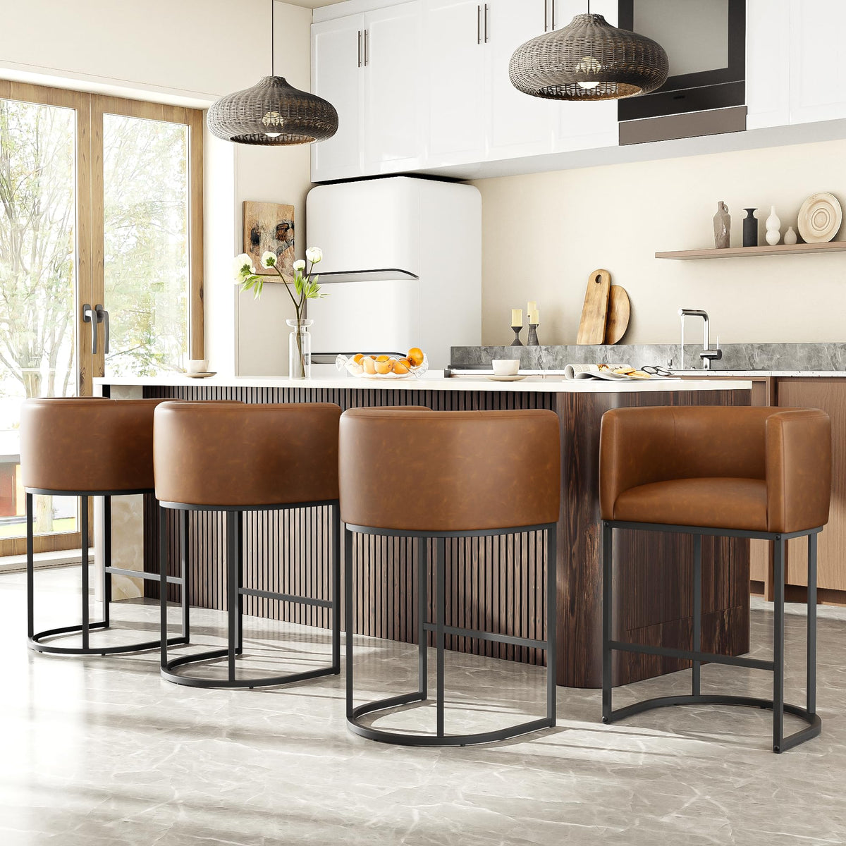 26" H Counter Height Bar Stools Set of 2, Modern Barrel Counter Stools with Backrest and Arms, Linen Fabric Upholstered Accent Barstools for Kitchen Island,Support 450 LBS (Beige)