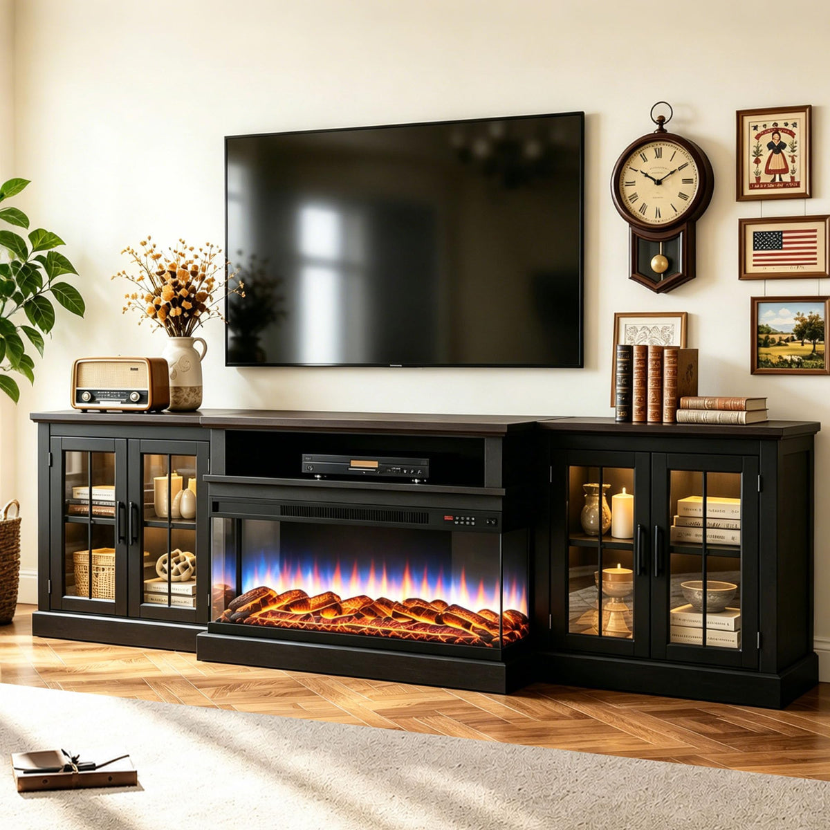 98" Farmhouse TV Stand with Fireplace, White & Black
