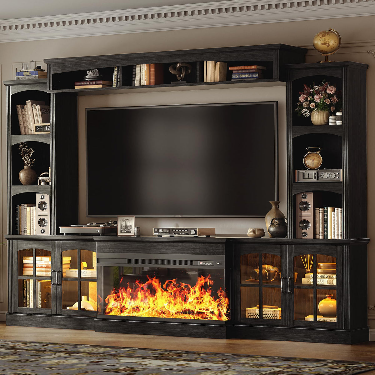 98" Farmhouse TV Stand with 36" Electric Fireplace, Bookshelves, Fits 75" TVs, Entertainment Center with Storage Cabinet, Large Wall Unit Media Console for Living Room, White