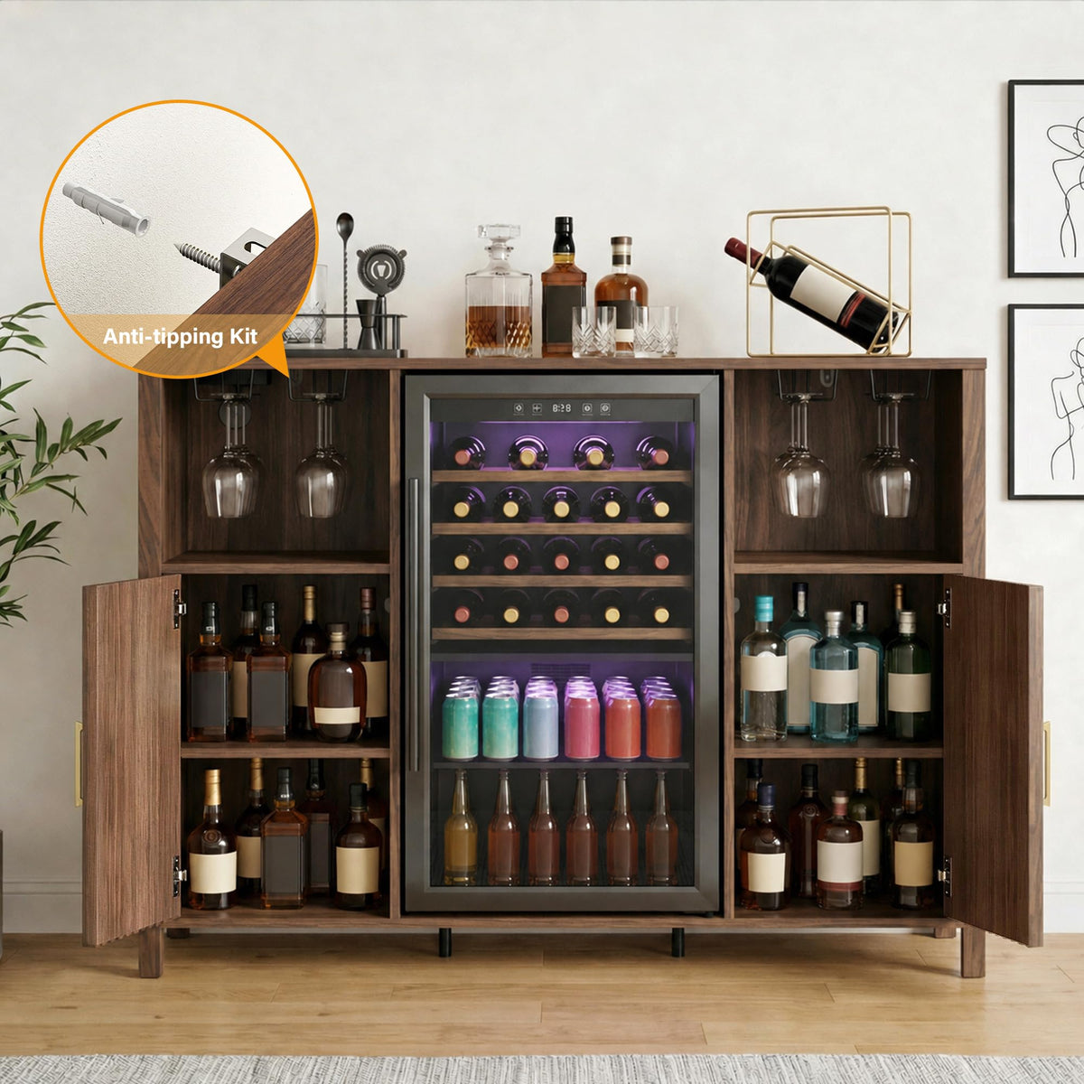 70" Large Coffee Bar Cabinet with Power Outlet, Mini Fridge Cabinet with Adjustable Shelf Wine Rack Glass Holder Liquor Wine Storage, Walnut Fluted Buffet Sideboard Table for Kitchen Dining Room