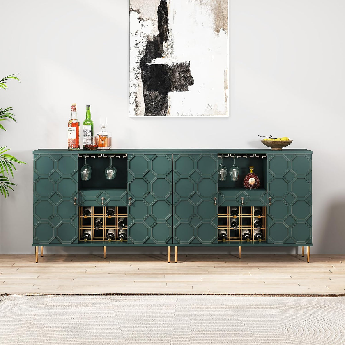 48" Modern Bar Cabinet, Wine Cabinet with Wine Glass Racks and Shelves & Drawer, Geometric Door Buffet Sideboard for Coffee Bar, Liquor, Dining Room, Living Room, Kitchen, Green