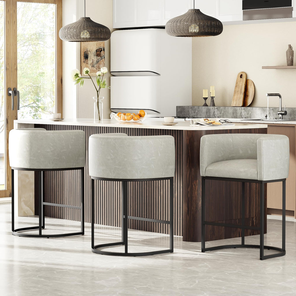 26" H Counter Height Bar Stools Set of 2, Modern Barrel Counter Stools with Backrest and Arms, Linen Fabric Upholstered Accent Barstools for Kitchen Island,Support 450 LBS (Beige)