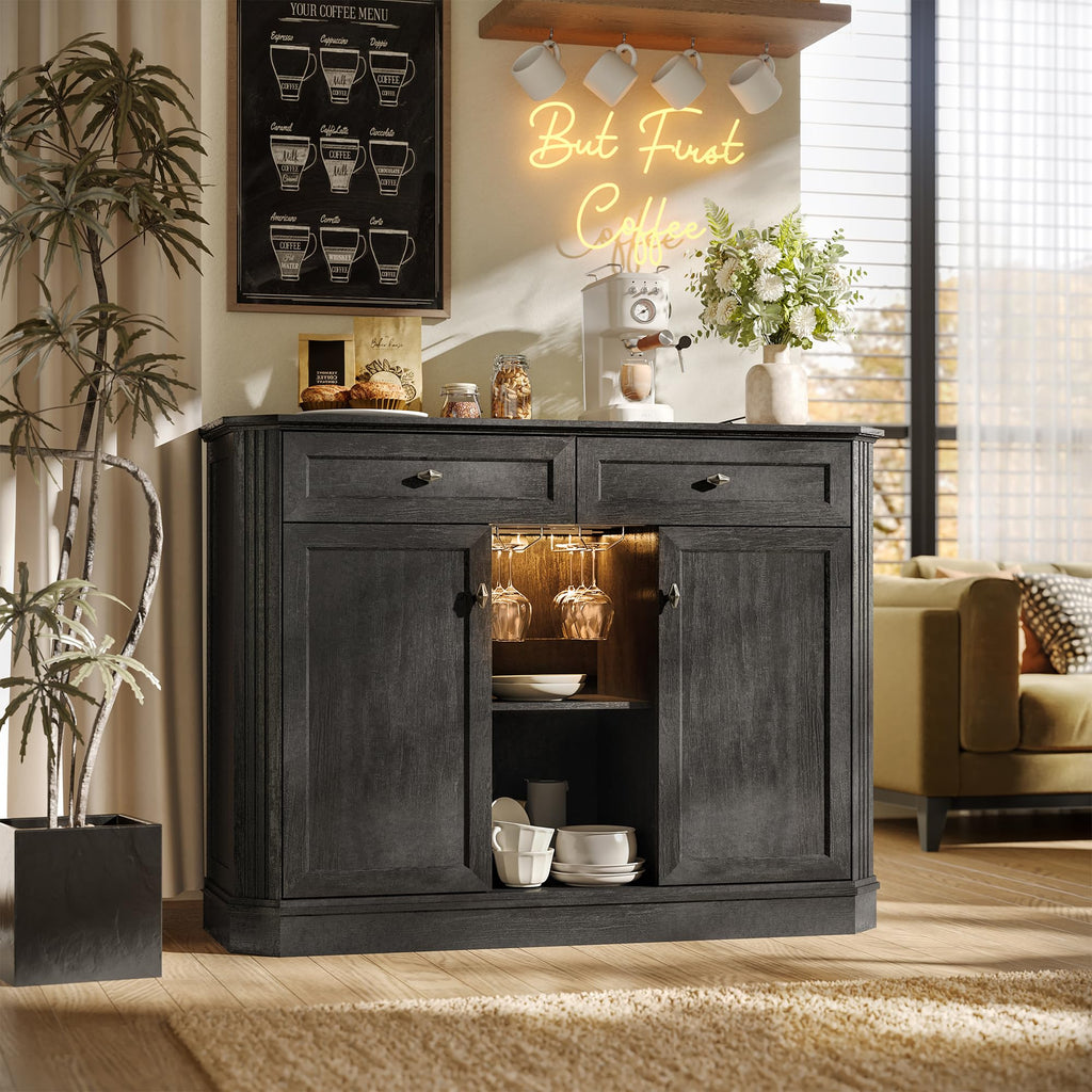 47" Wine Bar Cabinet with LED Light & Power Outlets, 2 Door Coffee Bar Cabinet with 2 Drawers, Sideboard Buffet Cabinet with Storage, Liquor Cabinet for Home Bar, Kitchen Living Room, Walnut Brown