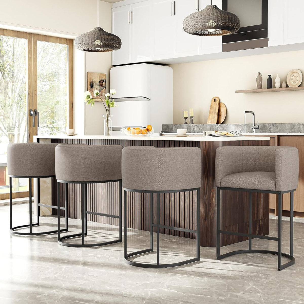 26" H Counter Height Bar Stools Set of 2, Modern Barrel Counter Stools with Backrest and Arms, Linen Fabric Upholstered Accent Barstools for Kitchen Island,Support 450 LBS (Beige)