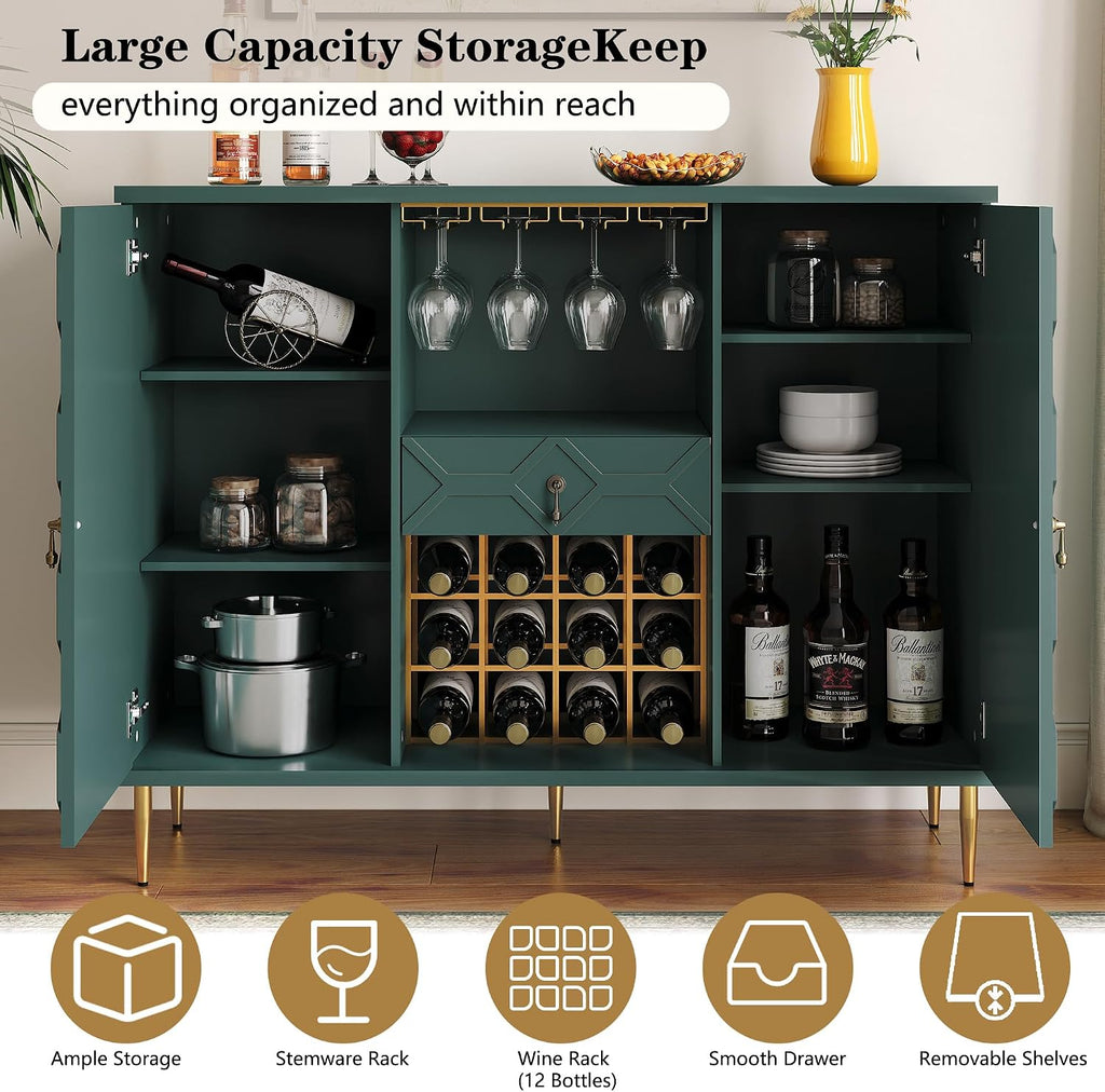 48" Modern Bar Cabinet, Wine Cabinet with Wine Glass Racks and Shelves & Drawer, Geometric Door Buffet Sideboard for Coffee Bar, Liquor, Dining Room, Living Room, Kitchen, Green