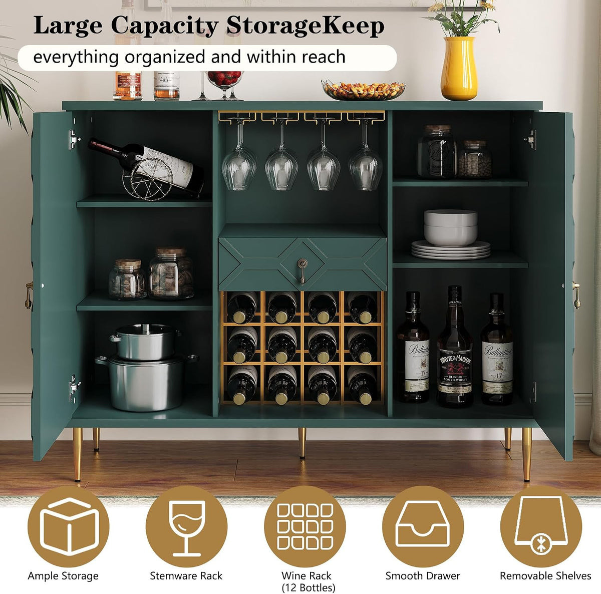 48" Modern Bar Cabinet, Wine Cabinet with Wine Glass Racks and Shelves & Drawer, Geometric Door Buffet Sideboard for Coffee Bar, Liquor, Dining Room, Living Room, Kitchen, Green