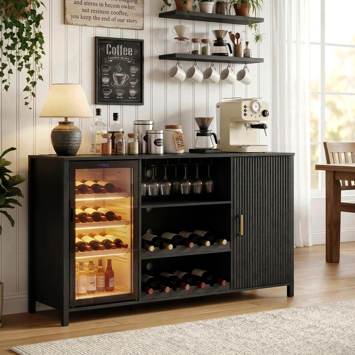 70" Large Coffee Bar Cabinet with Power Outlet, Mini Fridge Cabinet with Adjustable Shelf Wine Rack Glass Holder Liquor Wine Storage, Walnut Fluted Buffet Sideboard Table for Kitchen Dining Room