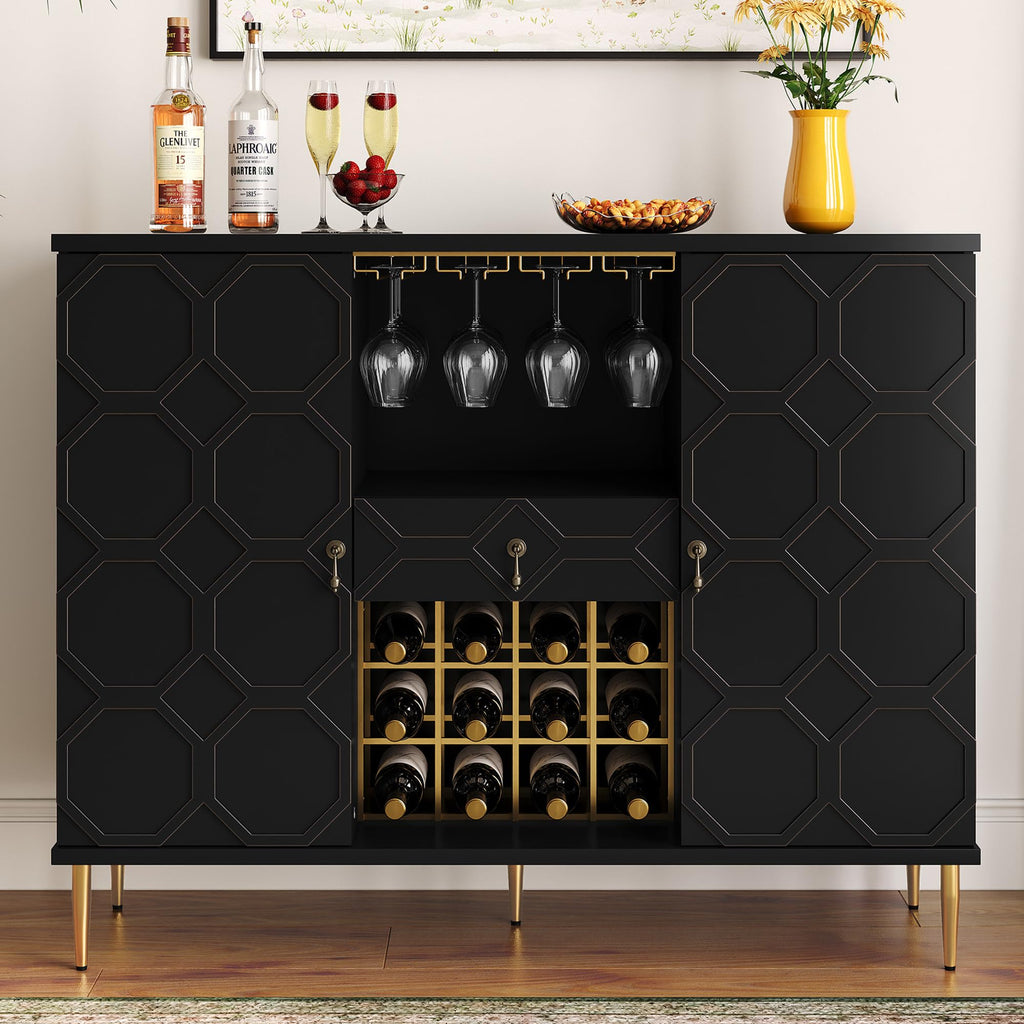 48" Modern Bar Cabinet, Wine Cabinet with Wine Glass Racks and Shelves & Drawer, Geometric Door Buffet Sideboard for Coffee Bar, Liquor, Dining Room, Living Room, Kitchen, Green