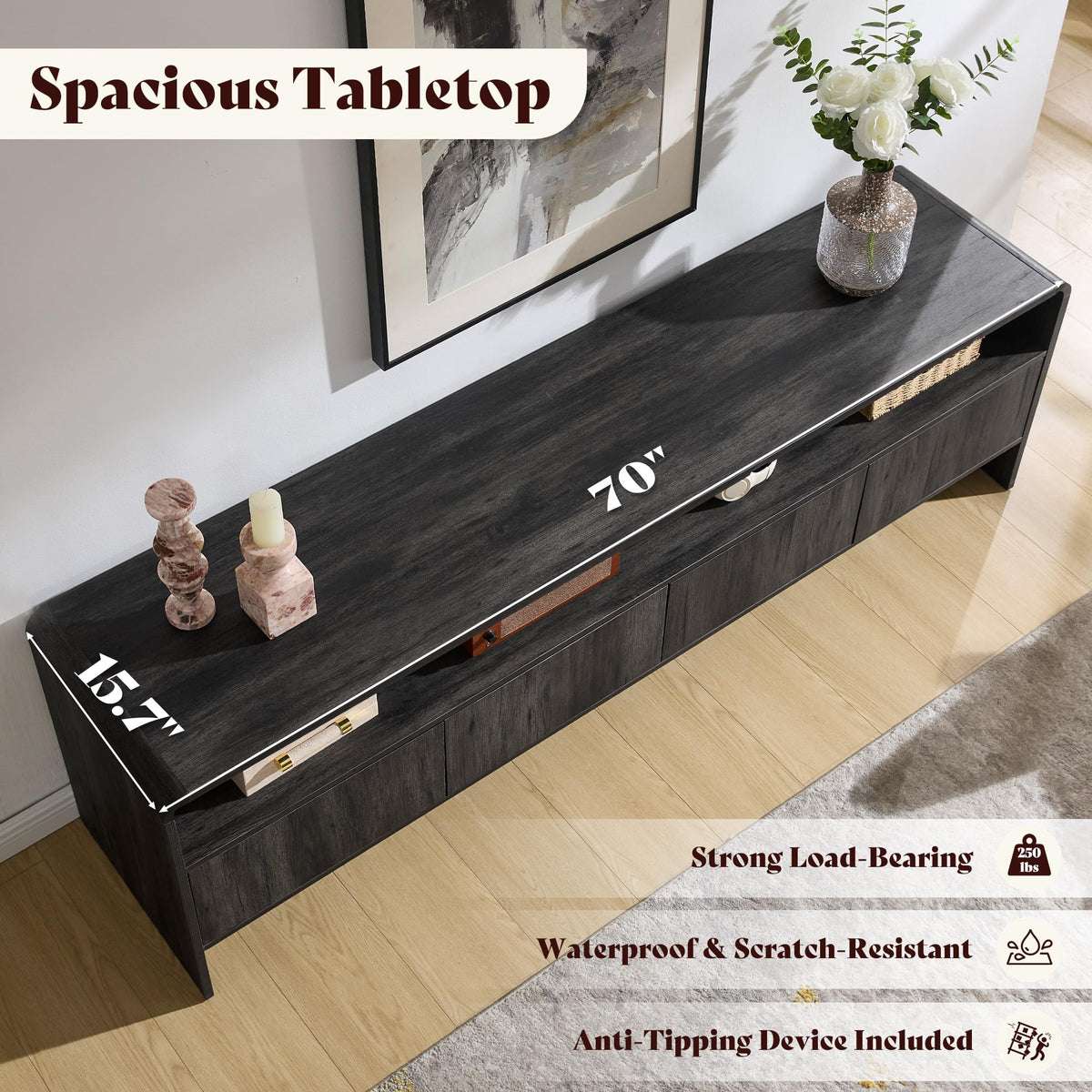AMERLIFE 70" Modern Curved TV Stand with Storage for TVs Up to 80"