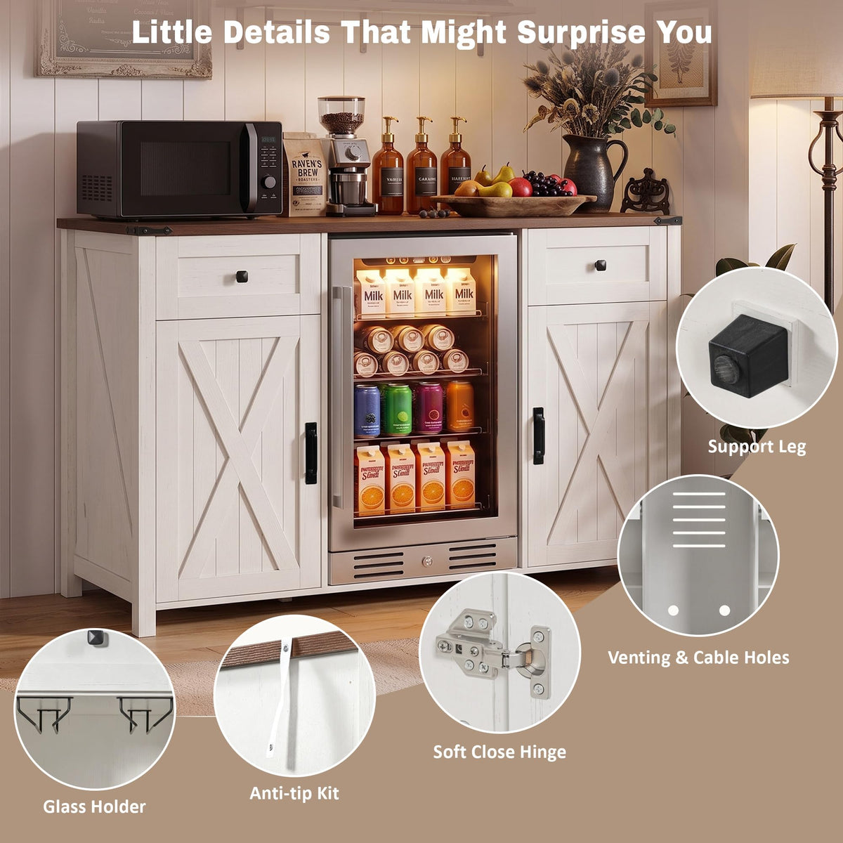 53.2" Farmhouse Fridge Cabinet, Coffee Bar Cabinet, Black
