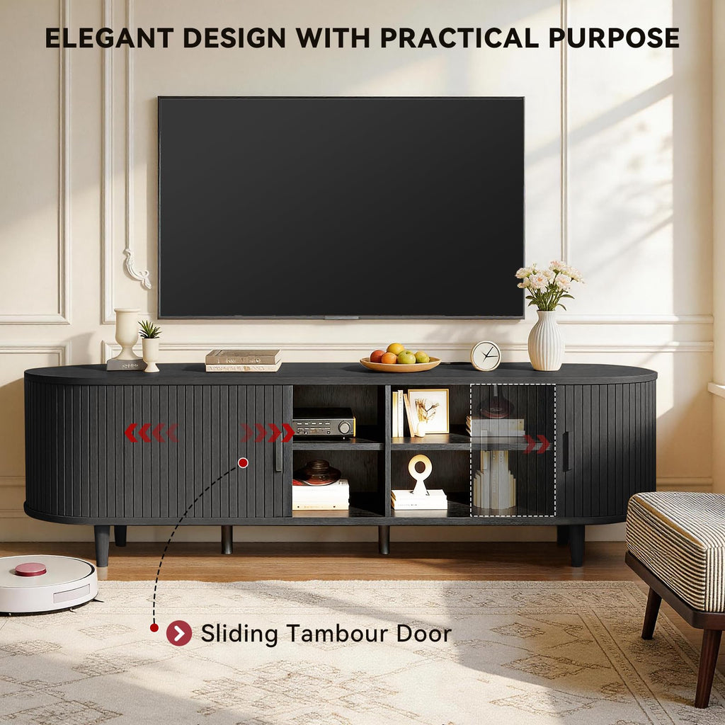 65" Mid Century Modern TV Stand with Power Outlet, Fluted Entertainment Center with Storage and Adjustable Shelves, Wood TV Console with Sliding Doors for Living Room, Walnut