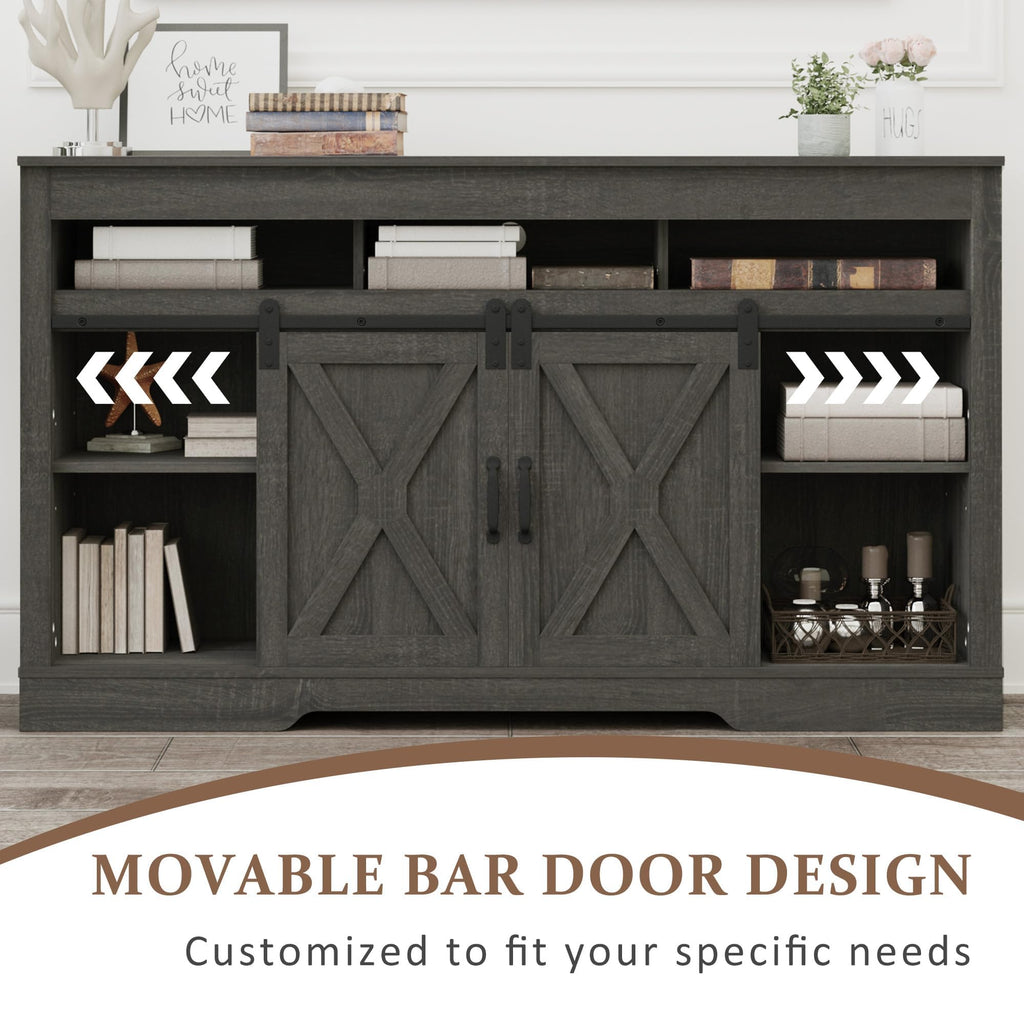58" Farmhouse TV Stand with Sliding Barn Doors for TVs up to 65 Inch, Entertainment Center with Adjustable Shelves, Wood Media Console Storage Cabinet for Living Room Bedroom, White