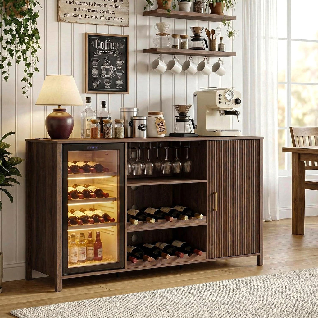 70" Large Coffee Bar Cabinet with Power Outlet, Mini Fridge Cabinet with Adjustable Shelf Wine Rack Glass Holder Liquor Wine Storage, Walnut Fluted Buffet Sideboard Table for Kitchen Dining Room