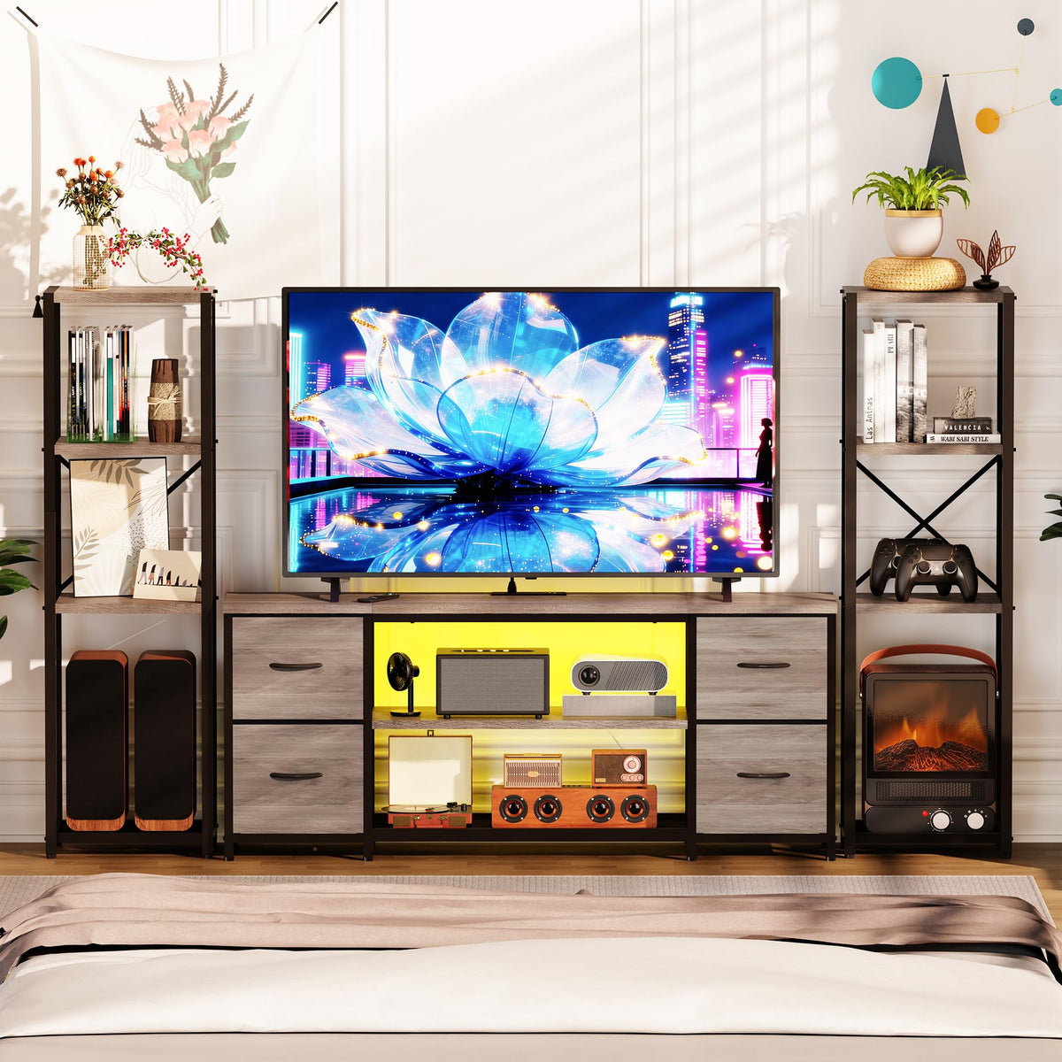 LED TV Stand Entertainment Center Bookshelf Combo with Charging Station