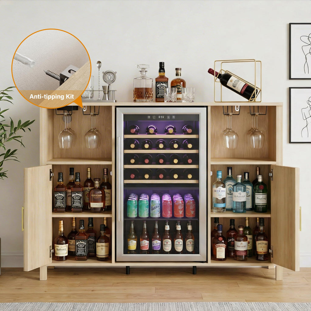 70" Large Coffee Bar Cabinet with Power Outlet, Mini Fridge Cabinet with Adjustable Shelf Wine Rack Glass Holder Liquor Wine Storage, Walnut Fluted Buffet Sideboard Table for Kitchen Dining Room