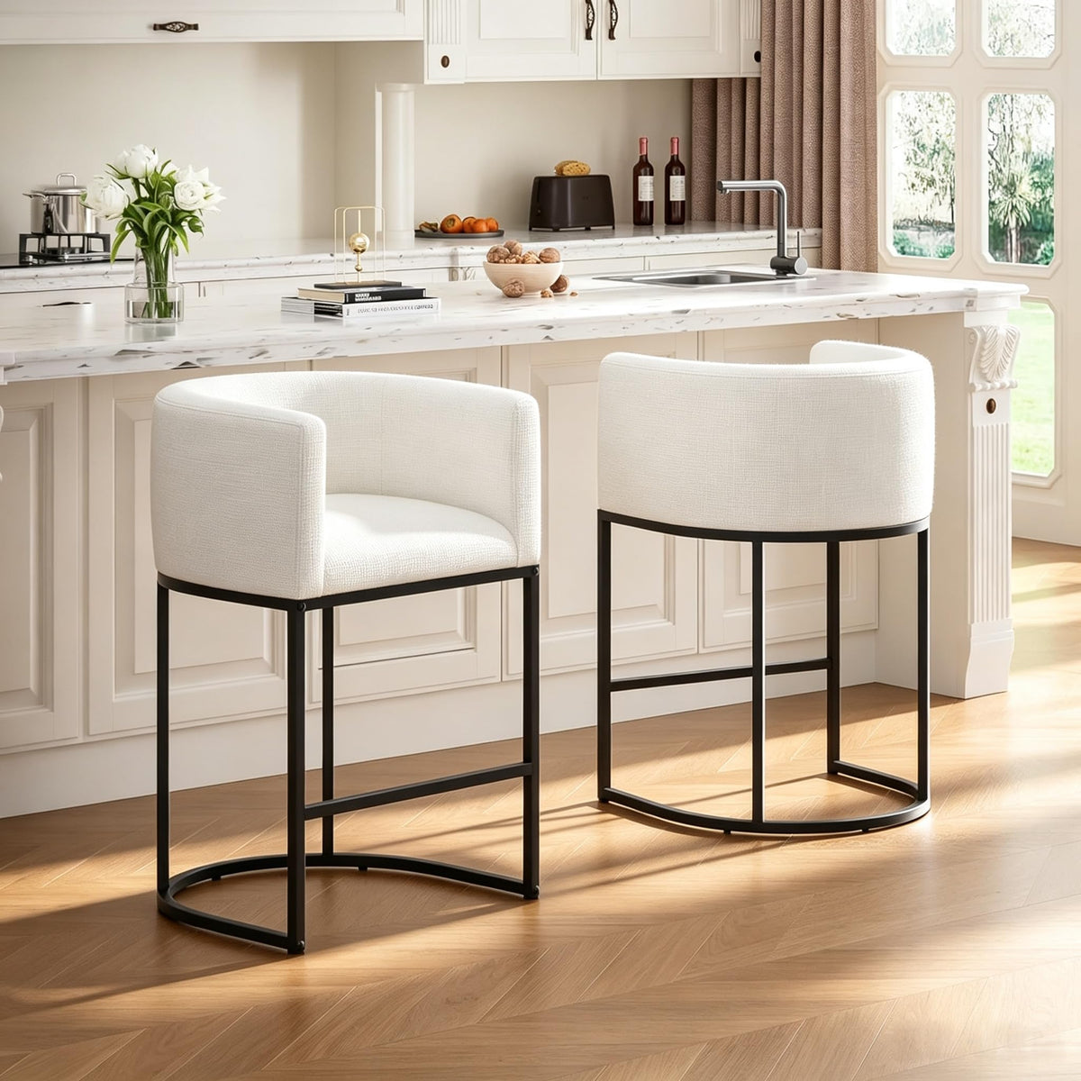26" H Counter Height Bar Stools Set of 2, Modern Barrel Counter Stools with Backrest and Arms, Linen Fabric Upholstered Accent Barstools for Kitchen Island,Support 450 LBS (Beige)