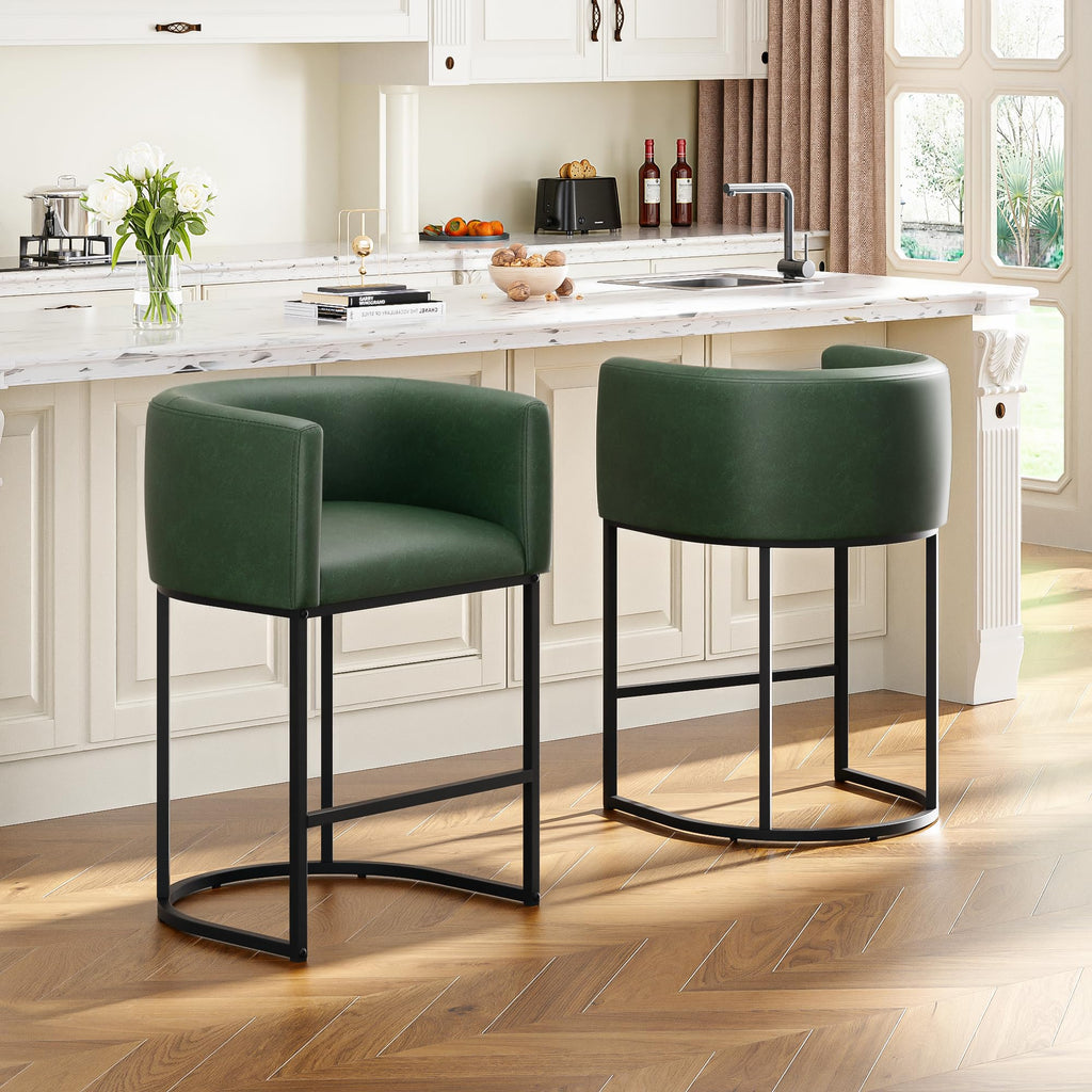 26" H Counter Height Bar Stools Set of 2, Modern Barrel Counter Stools with Backrest and Arms, Linen Fabric Upholstered Accent Barstools for Kitchen Island,Support 450 LBS (Beige)