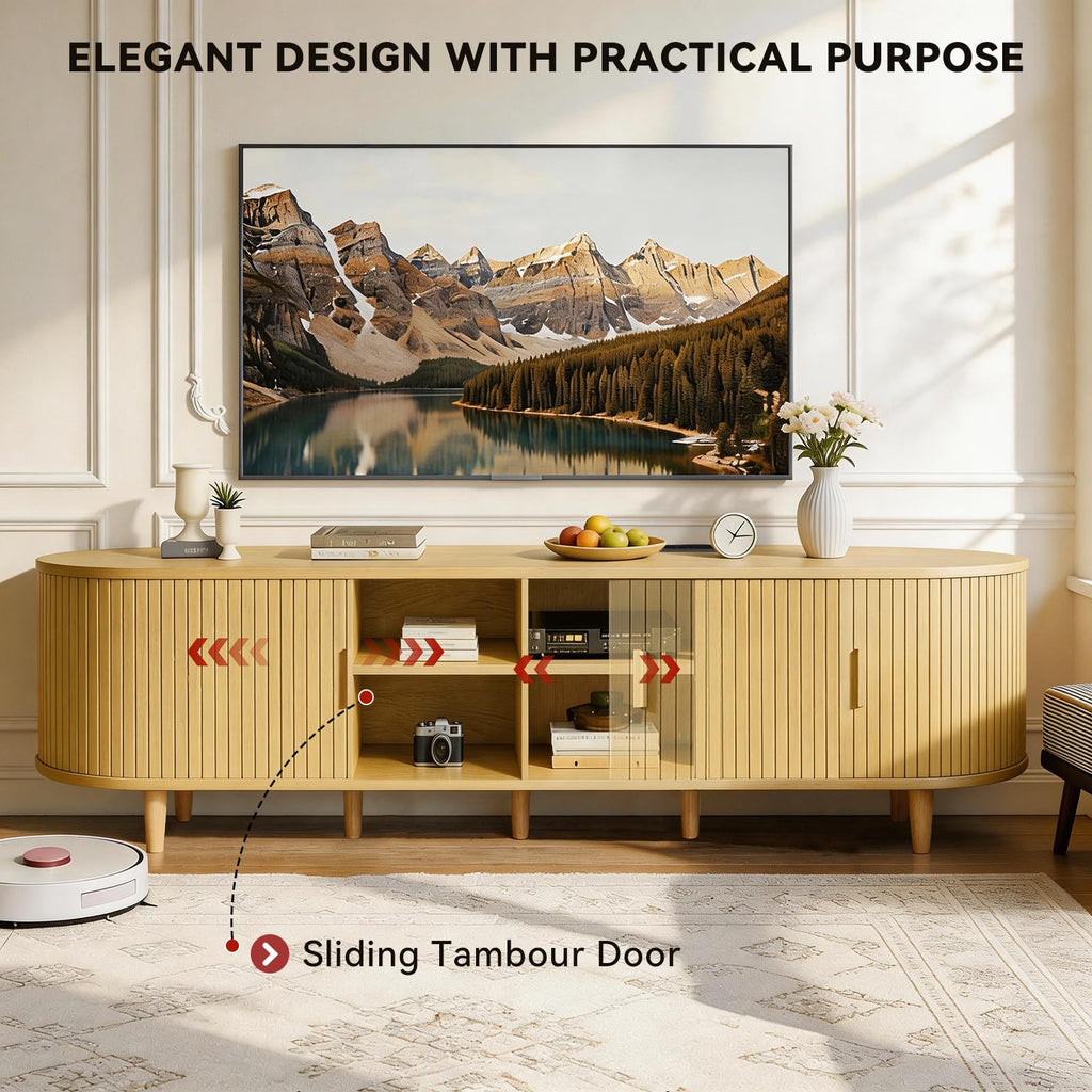 65" Mid Century Modern TV Stand with Power Outlet, Fluted Entertainment Center with Storage and Adjustable Shelves, Wood TV Console with Sliding Doors for Living Room, Walnut