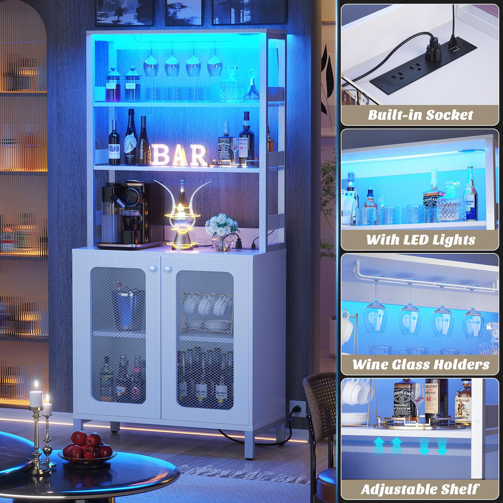 Aheaplus Bar Cabinet with Power Outlets,67" Tall Wine Bar Cabinet,Black Oak