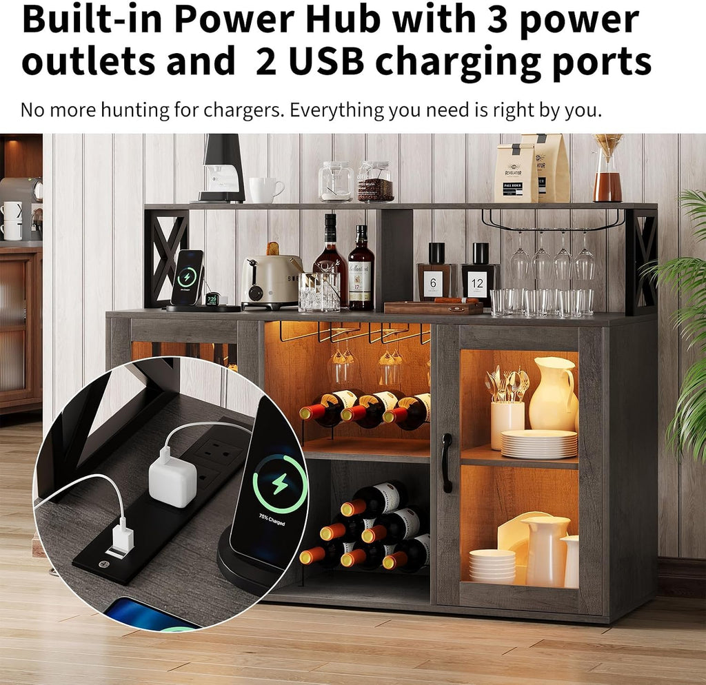 47" Wine Cabinet with LED Light, Home Coffee Cabinet with Wine Rack and Glass Holder, Coffee Bar Buffet Sideboard Storage with Power Outlets, for Living Room, Dining Room, Grey