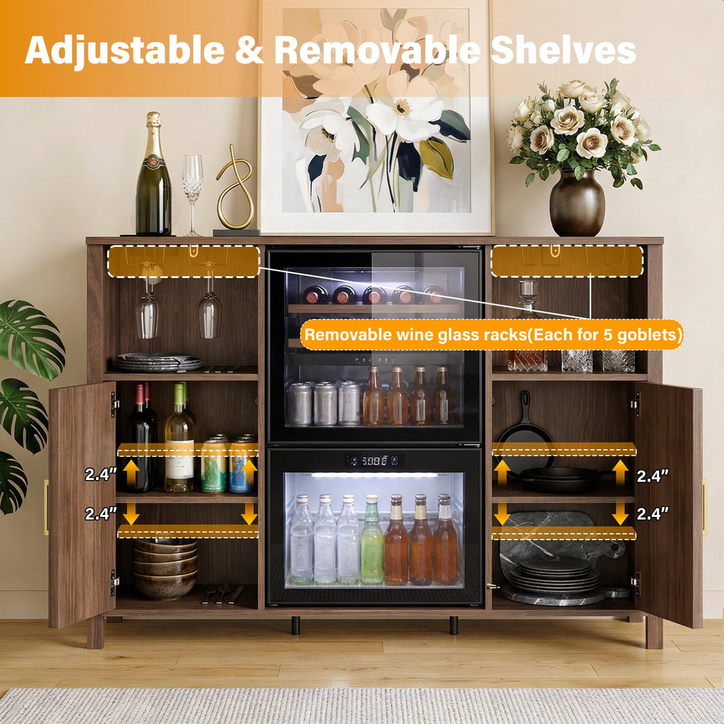 70" Large Coffee Bar Cabinet with Power Outlet, Mini Fridge Cabinet with Adjustable Shelf Wine Rack Glass Holder Liquor Wine Storage, Walnut Fluted Buffet Sideboard Table for Kitchen Dining Room