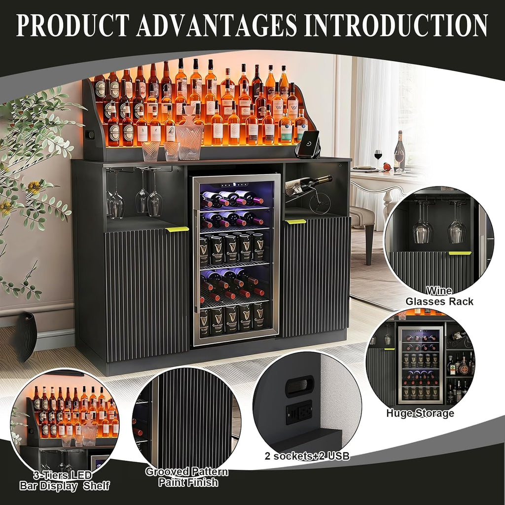 51'' Wine Bar Cabinet with LED Lighted Liquor Bottle Display Shelf,Mini Fridge Cabinet with Storage and Power Outlet,Liquor Coffee Bar Cabinet with Fridge Space,Modern Buffet Cabinet with Wine Rack