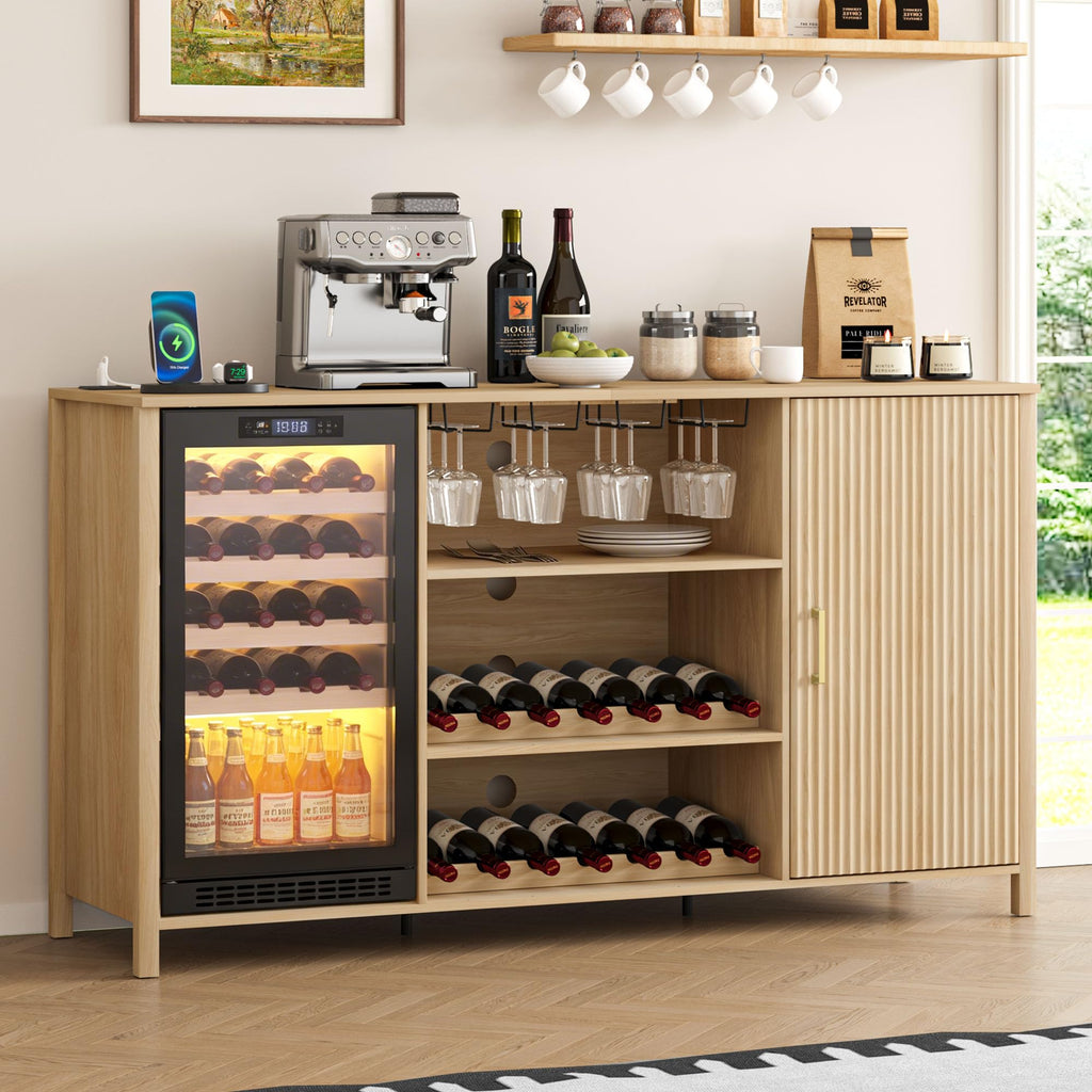 70" Large Coffee Bar Cabinet with Power Outlet, Mini Fridge Cabinet with Adjustable Shelf Wine Rack Glass Holder Liquor Wine Storage, Walnut Fluted Buffet Sideboard Table for Kitchen Dining Room